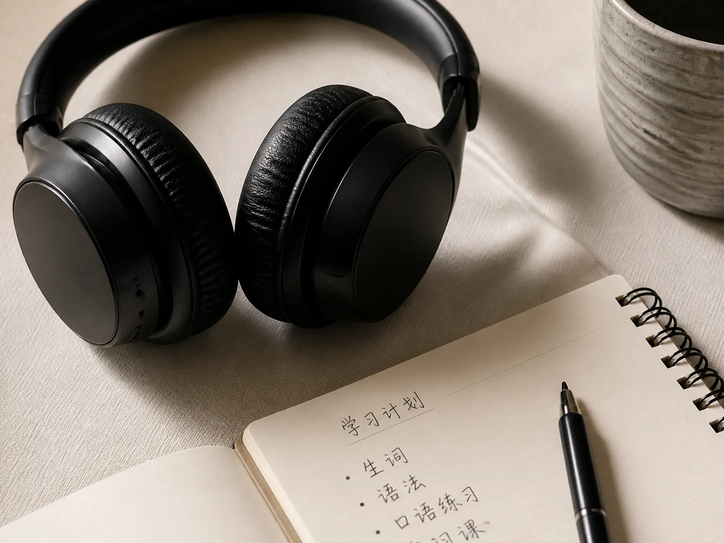 Headphones beside a Chinese study notebook