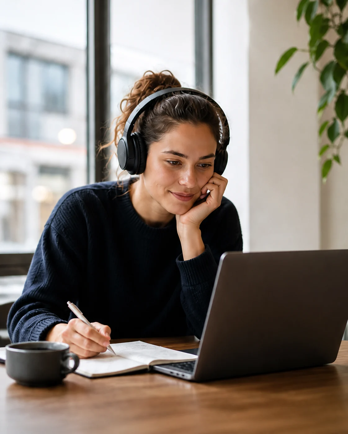 A learner wearing headphones while studying Chinese at a laptop