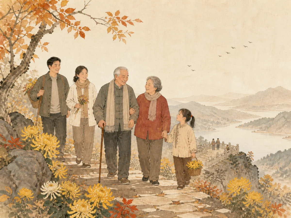 An original illustration of older and younger family members climbing together among autumn chrysanthemums