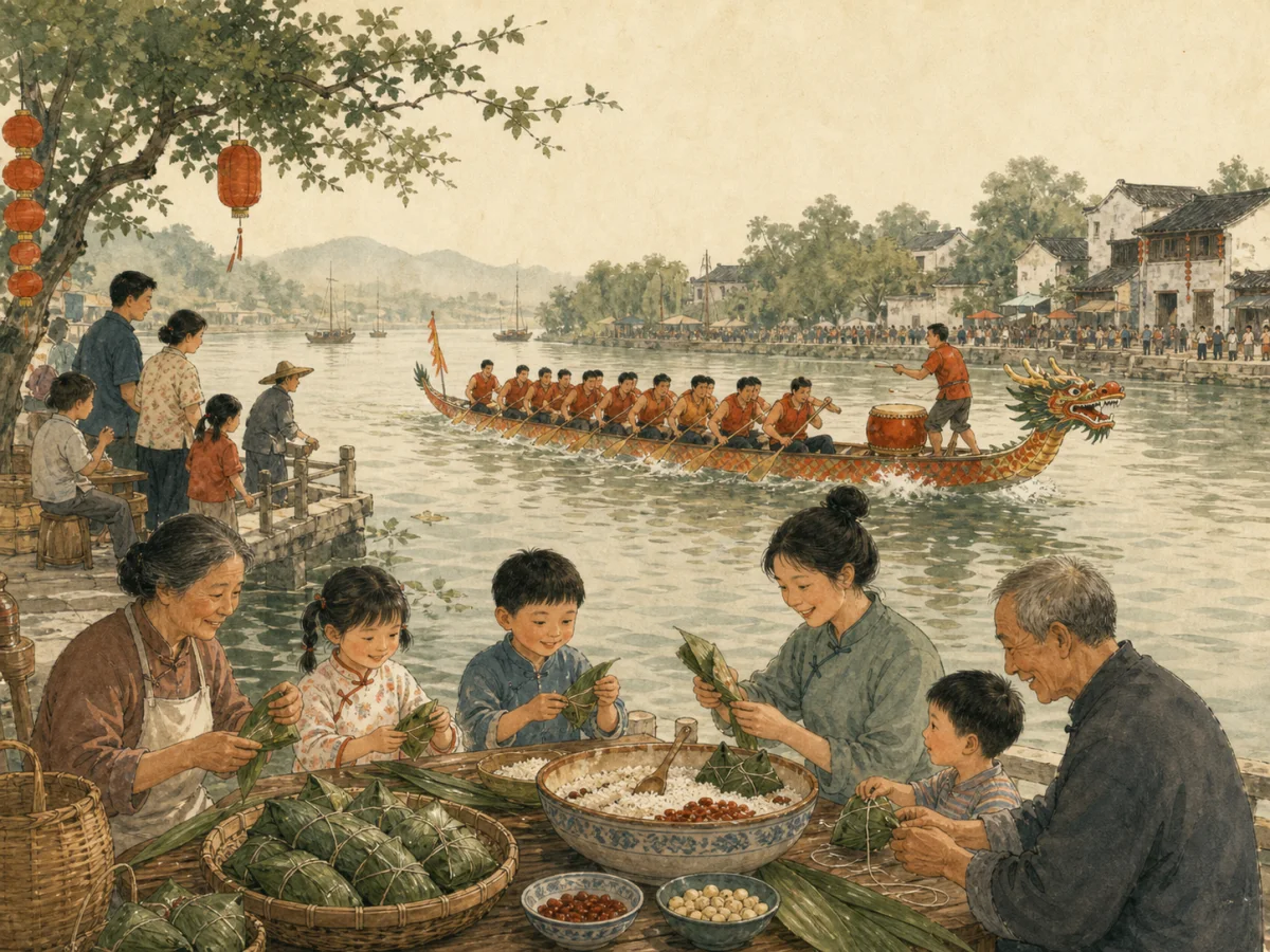 An original illustration of a riverside dragon-boat race and a family making zongzi