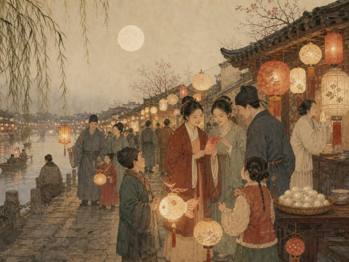 An original illustration of families carrying lanterns beside a river during the Lantern Festival