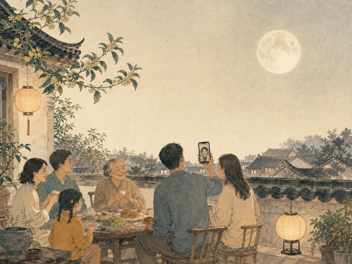 An original illustration of family and friends sharing mooncakes beneath a Mid-Autumn full moon