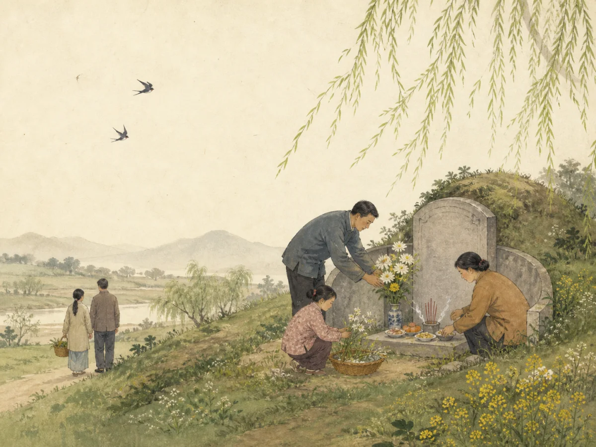 An original illustration of a family tending a grave on a Qingming spring hillside