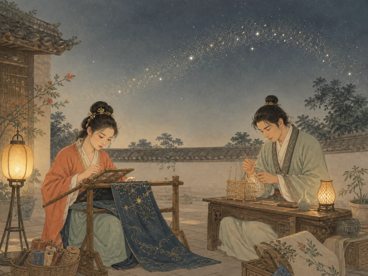 An original illustration of two artisans practising embroidery and craft beneath a Qixi night sky