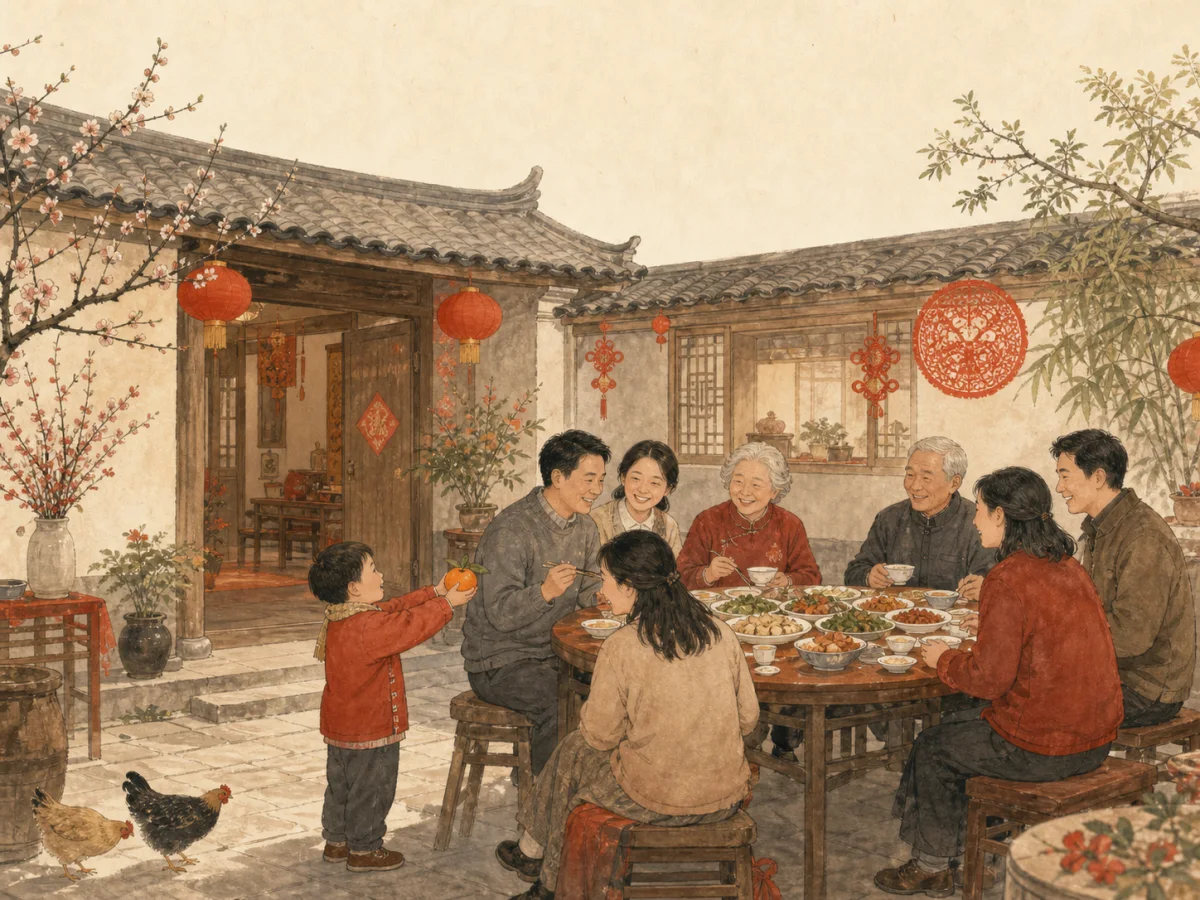 An original illustration of a multigenerational family sharing a Spring Festival reunion meal