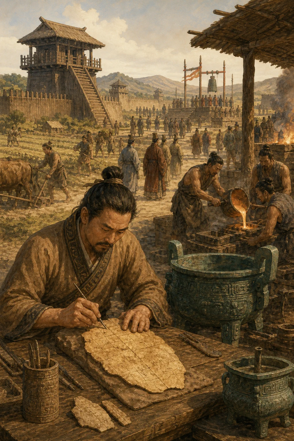 An original illustration of Shang–Zhou writing, bronze production, and early states