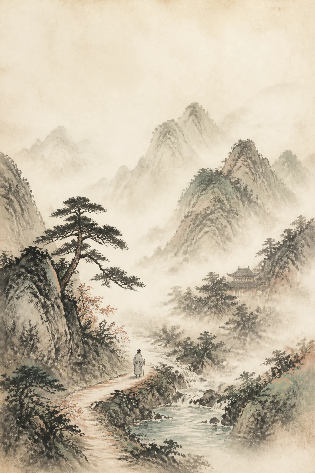 An original Qing-inspired ink landscape with mountains, mist, and open space
