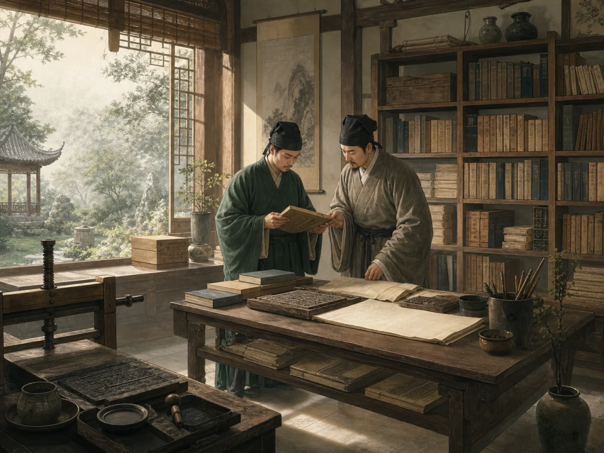An original Song-inspired library and woodblock-printing studio