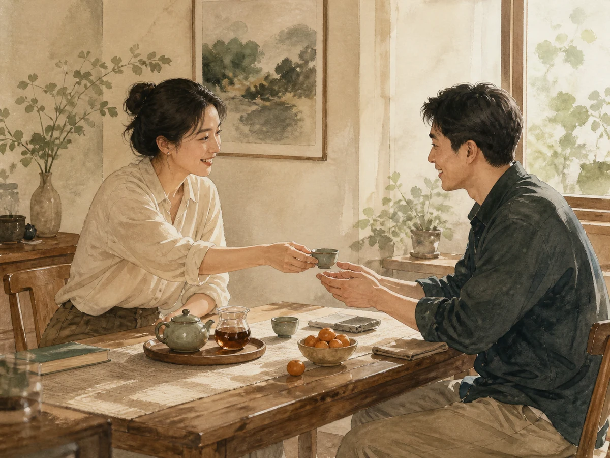 An original illustration of a host offering tea to a guest during an everyday visit