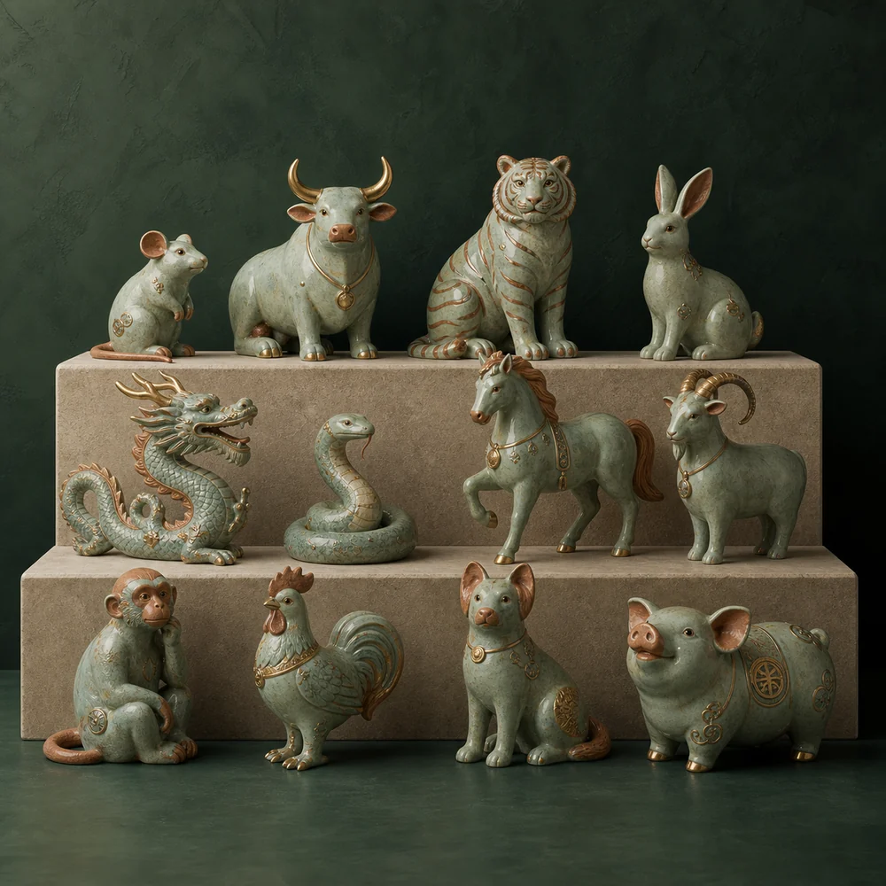 An original Hanyu illustration of twelve celadon Chinese zodiac animal sculptures